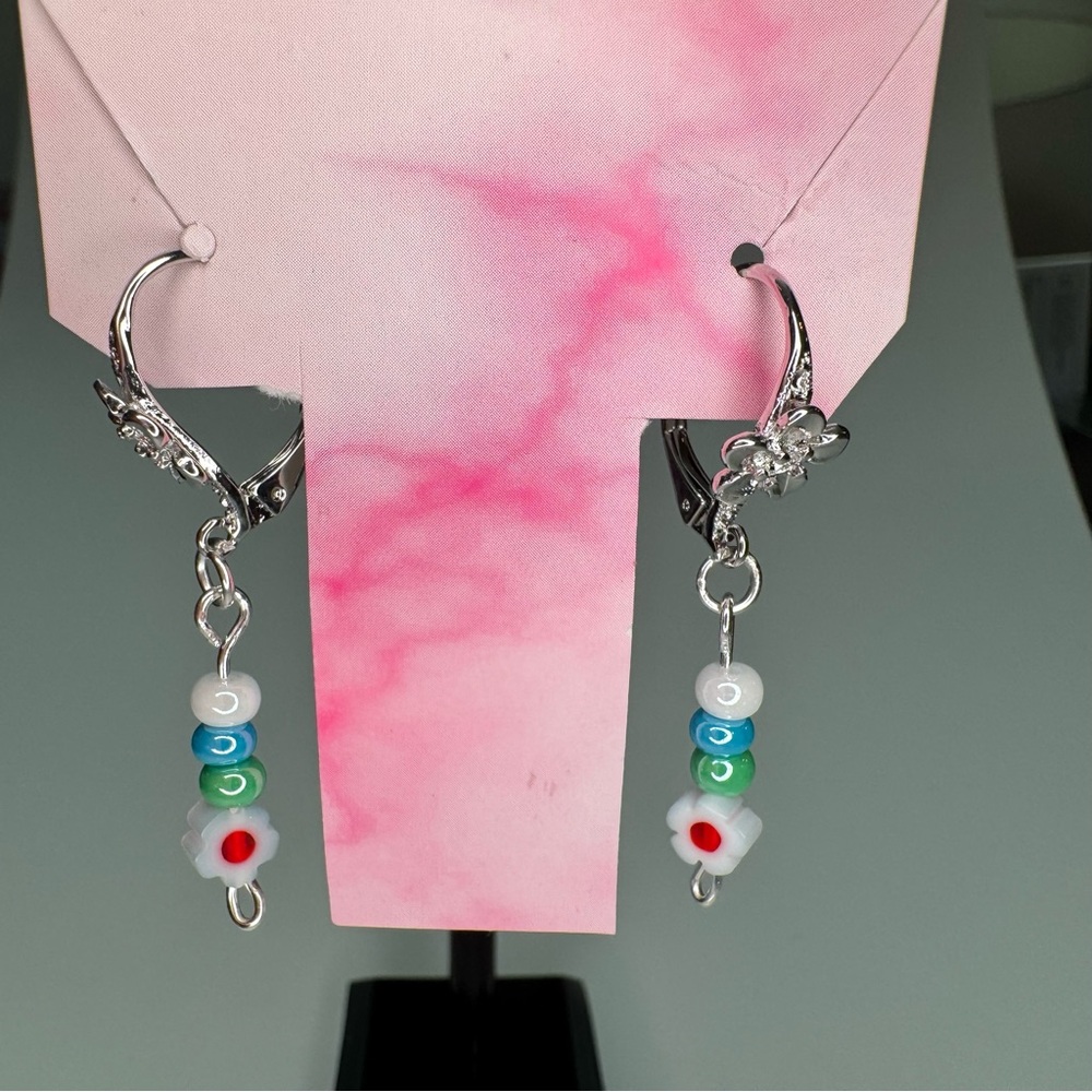 Hand Crafted 925 Sterling Silver Earrings with Millefiori and Glass Beads